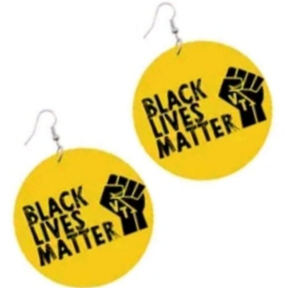 Black Lives Matter Power Fist Yellow Medium Statement Dangle Wood Earrings - Picture 4 of 5